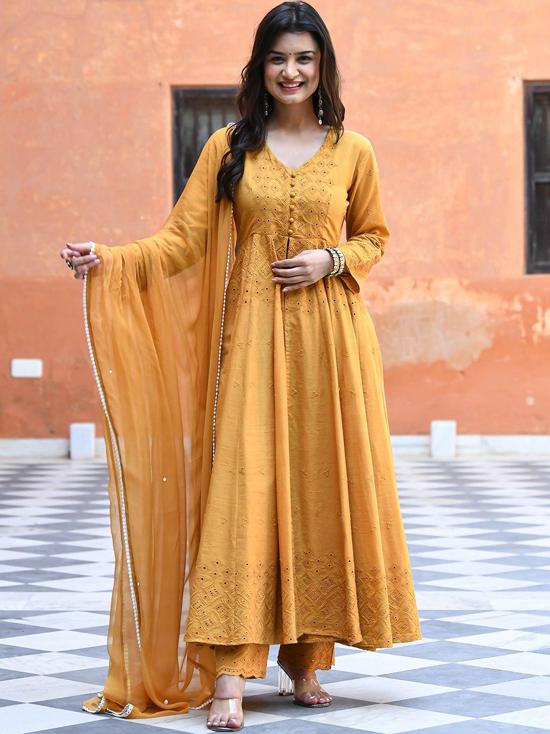 bunaai high slit schiffli anarkali pure cotton kurta with trousers & dupatta