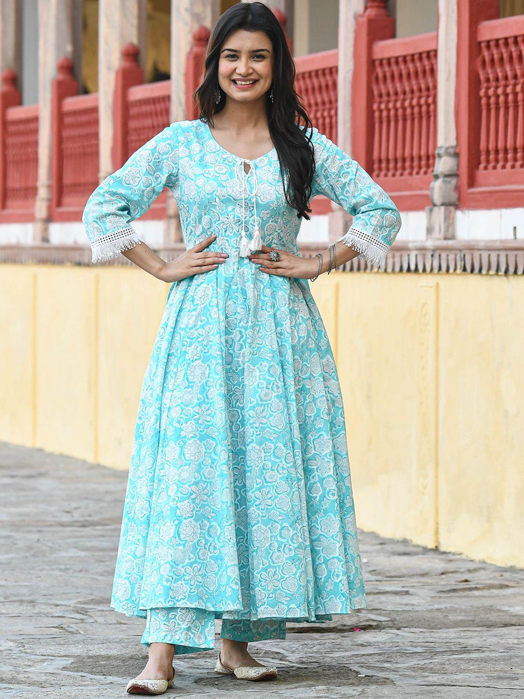 bunaai floral printed anarkali pure cotton kurta with palazzos