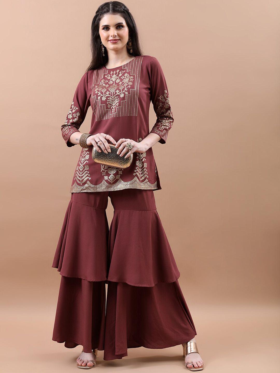 vishudh maroon ethnic motifs printed regular kurti with sharara