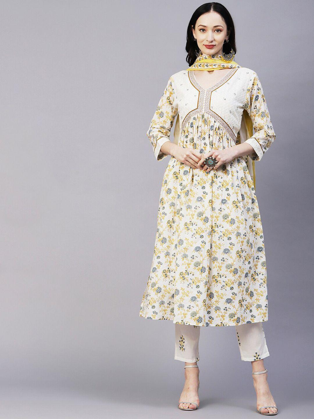 fashor off white & yellow printed thread work pure cotton kurta with trousers & dupatta