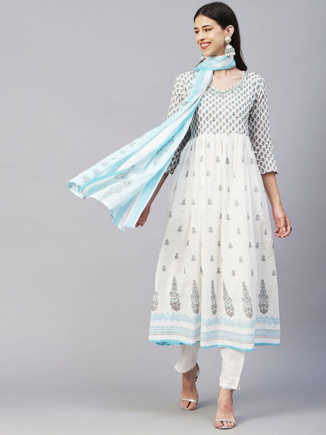 fashor white & blue printed mirror work pure cotton anarkali kurta with trousers & dupatta