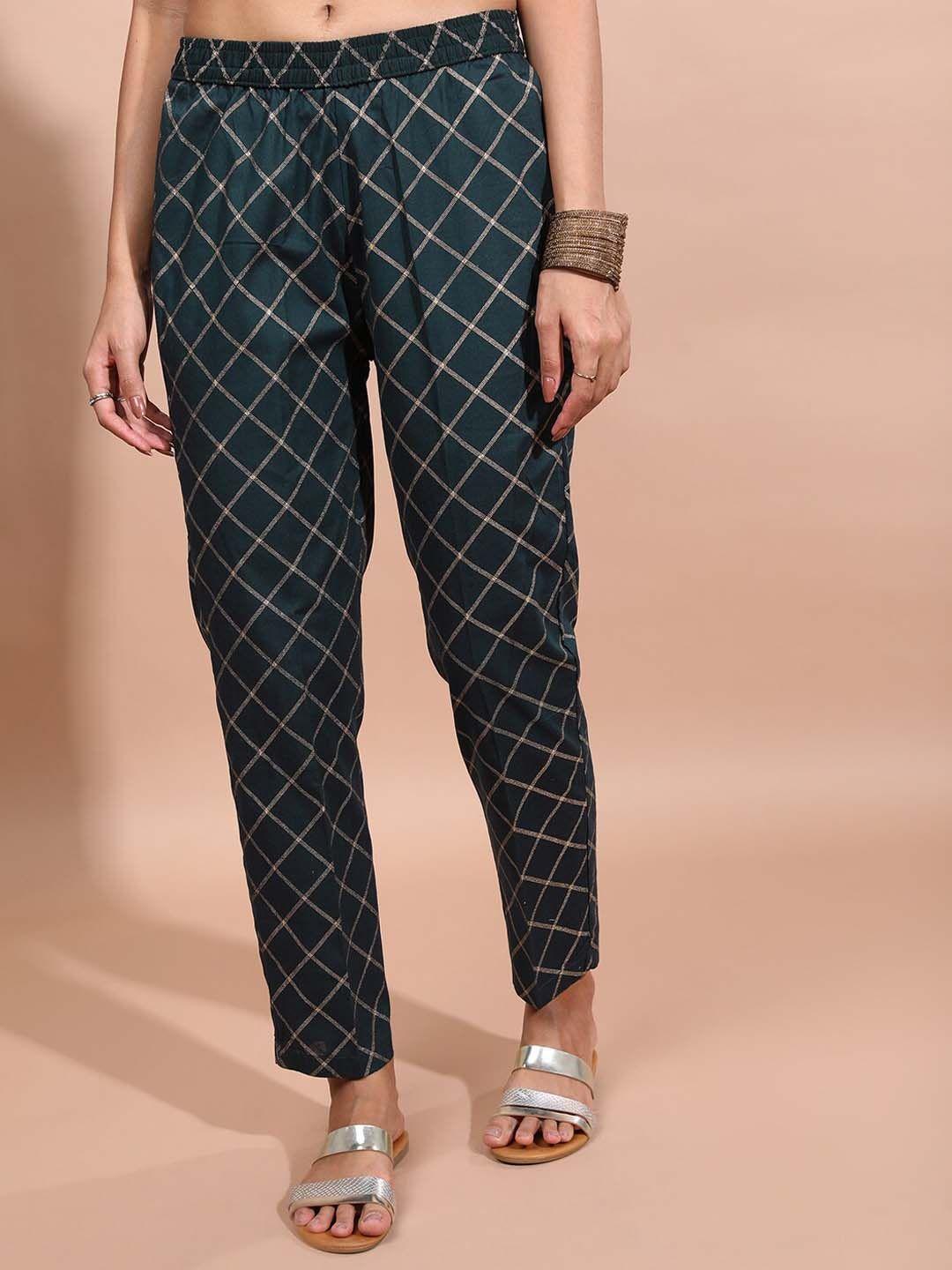 vishudh women mid-rise tapered fit checked peg trousers