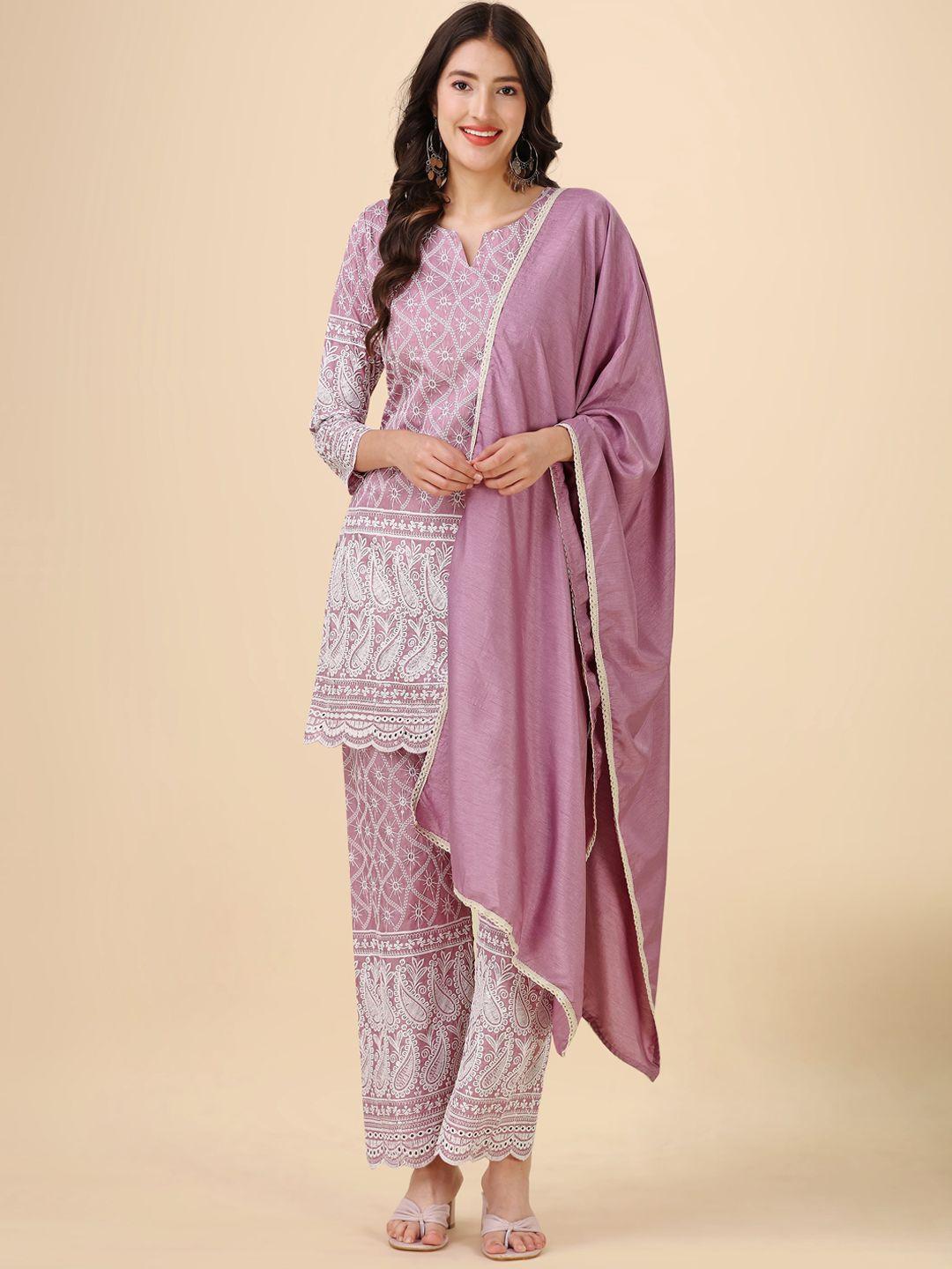 heemara floral embroidered notched neck chikankari kurti with palazzos & dupatta