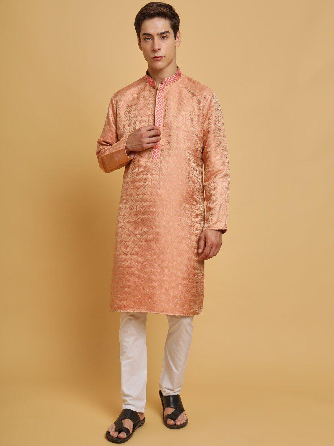 swagg india mandarin collar woven design thread work jacquard cotton wool kurta