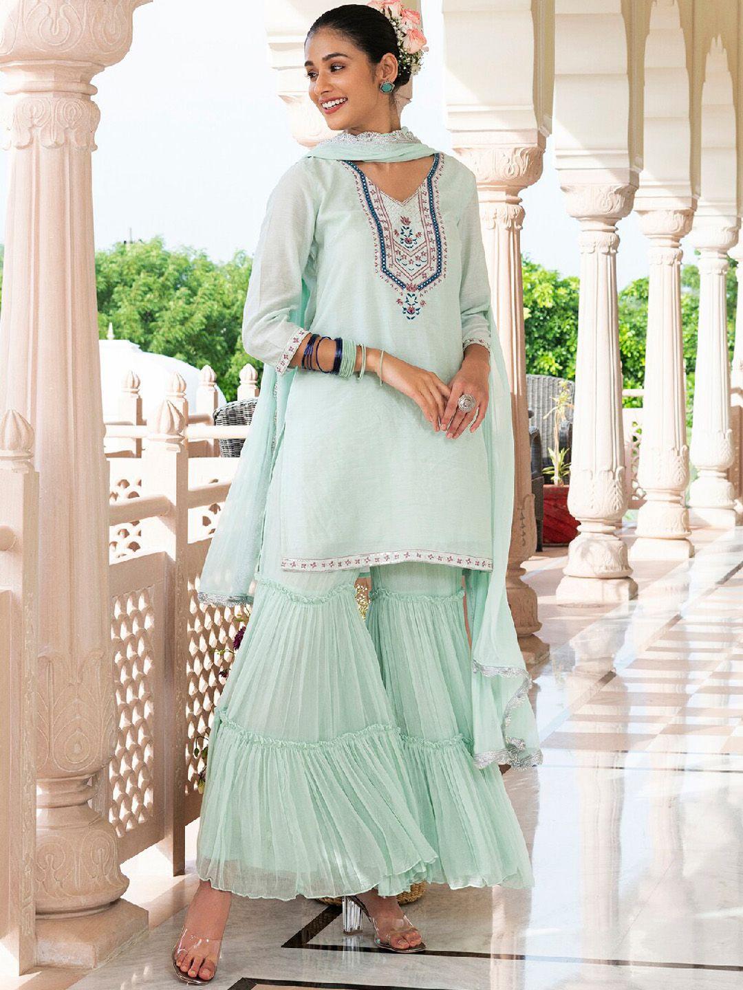 everbloom ethnic motifs embroidered mirror work chanderi silk kurti with sharara & dupatta