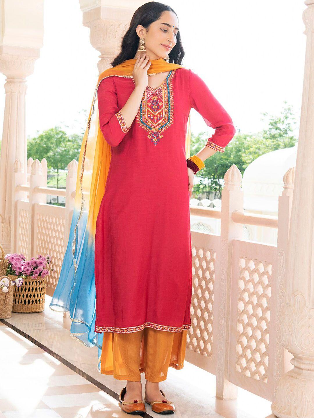 everbloom ethnic motifs embroidered liva kurta with palazzos & dupatta