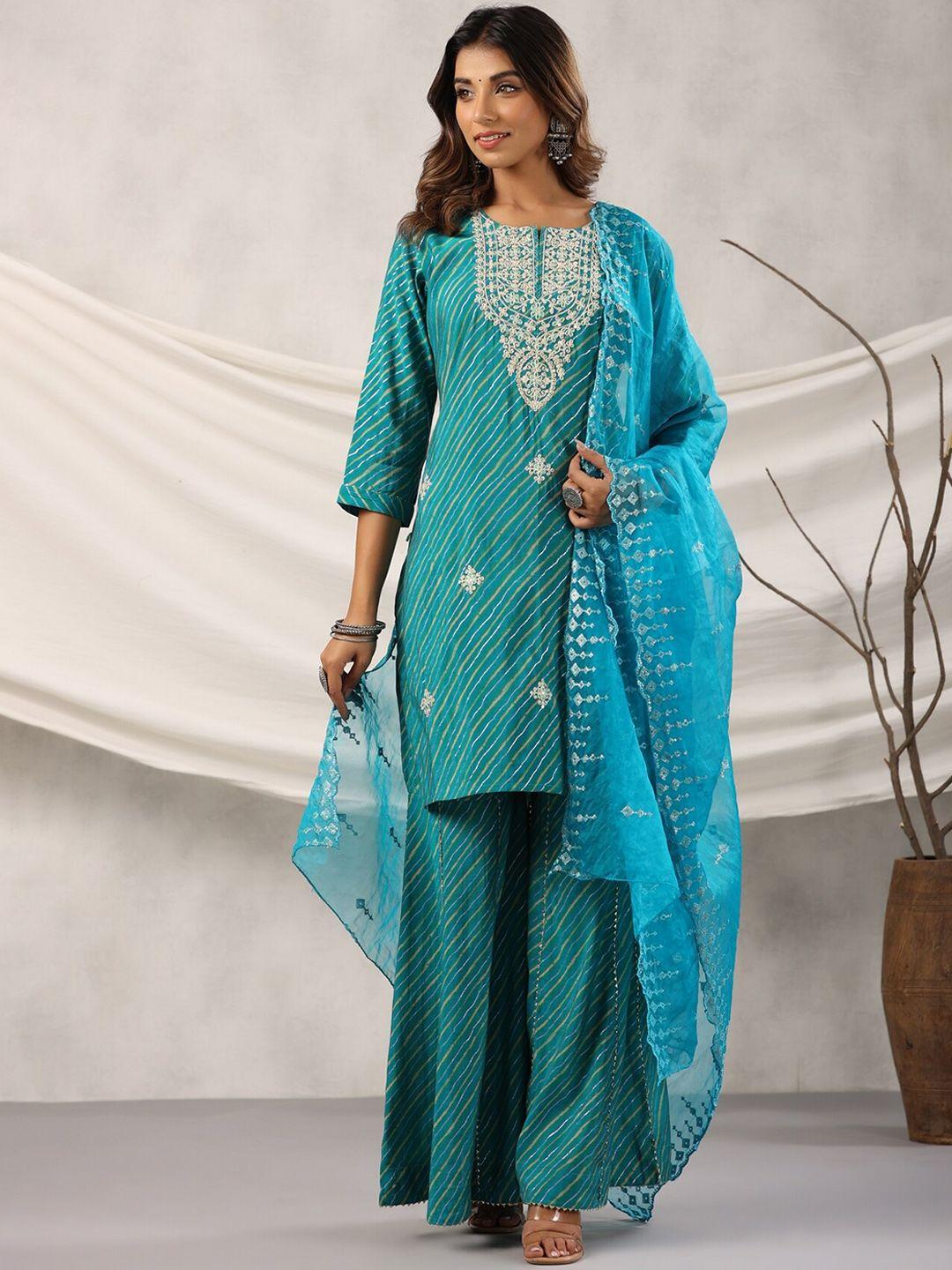 etnicawear leheriya printed zari chanderi cotton kurta with sharara & dupatta