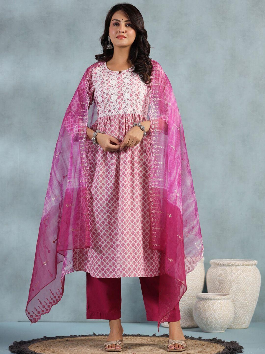 etnicawear floral embroidered sequined a-line pure cotton kurta with trousers & dupatta