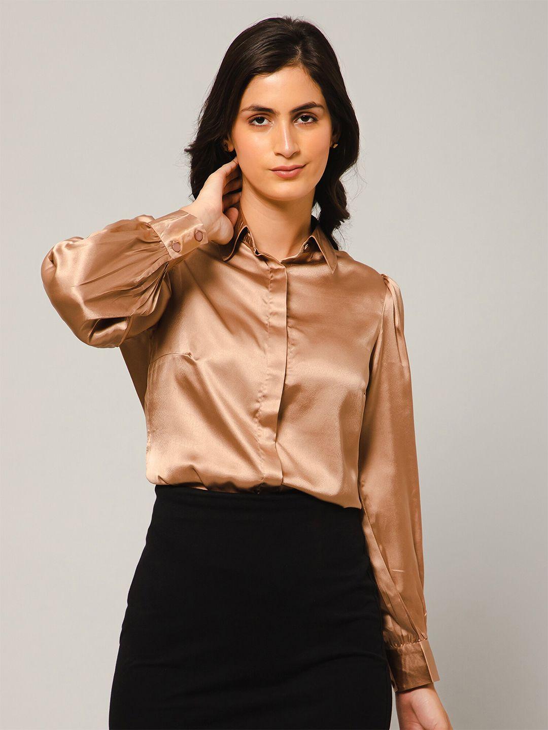 purys spread collar puff sleeves smart satin casual shirt