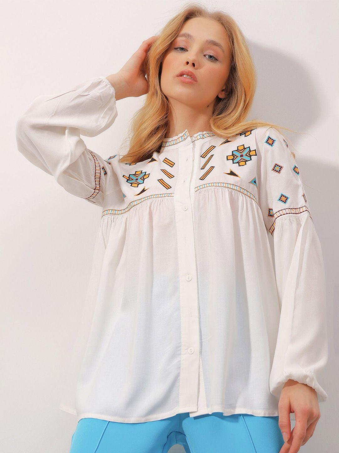 trend alacati stili geometric embroidered mandarin collar puff sleeves a-line top