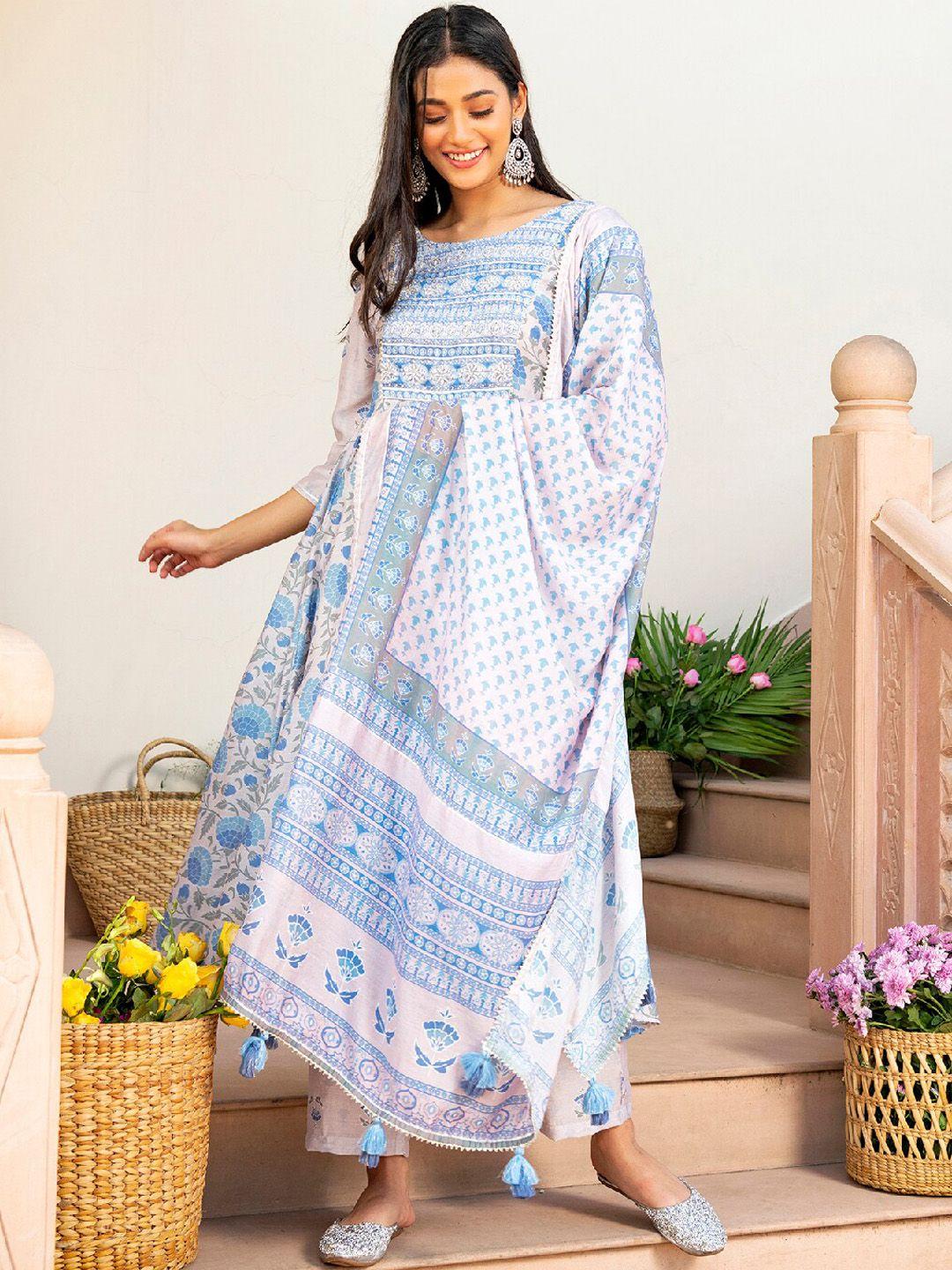 everbloom women blue floral printed regular chanderi silk kurta with trousers & with dupatta