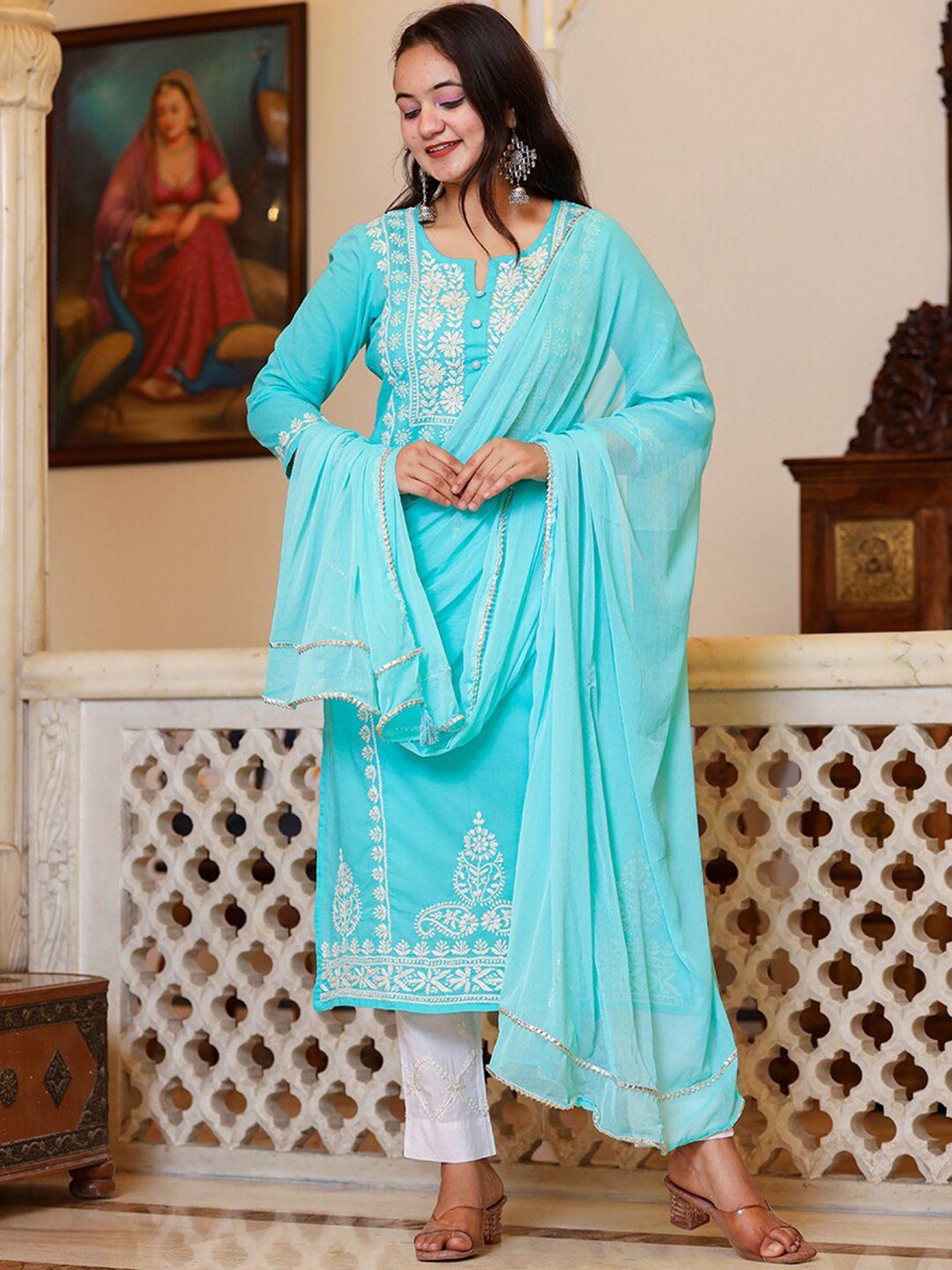 kaajh ethnic motifs embroidered chikankari pure cotton kurta with trousers & with dupatta