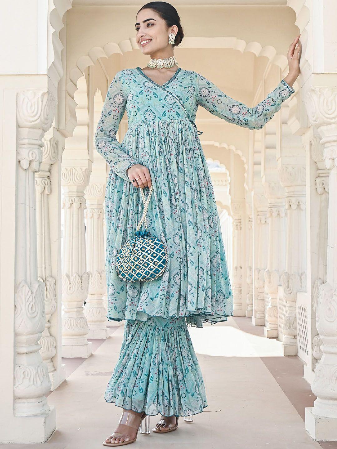 everbloom women blue floral printed angrakha kurta with sharara