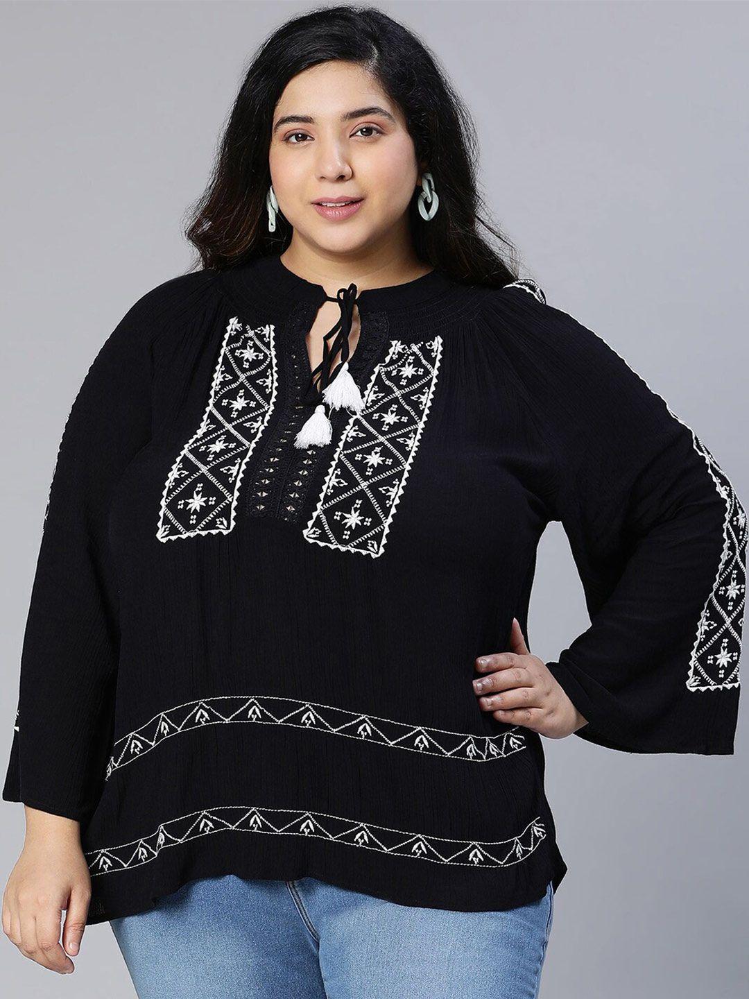 oxolloxo plus size geometric embroidered tie-up neck crepe top