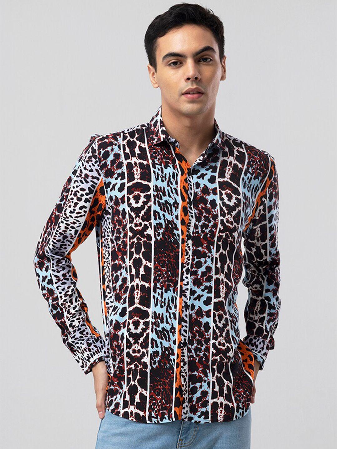 snitch black & blue slim fit animal printed casual shirt