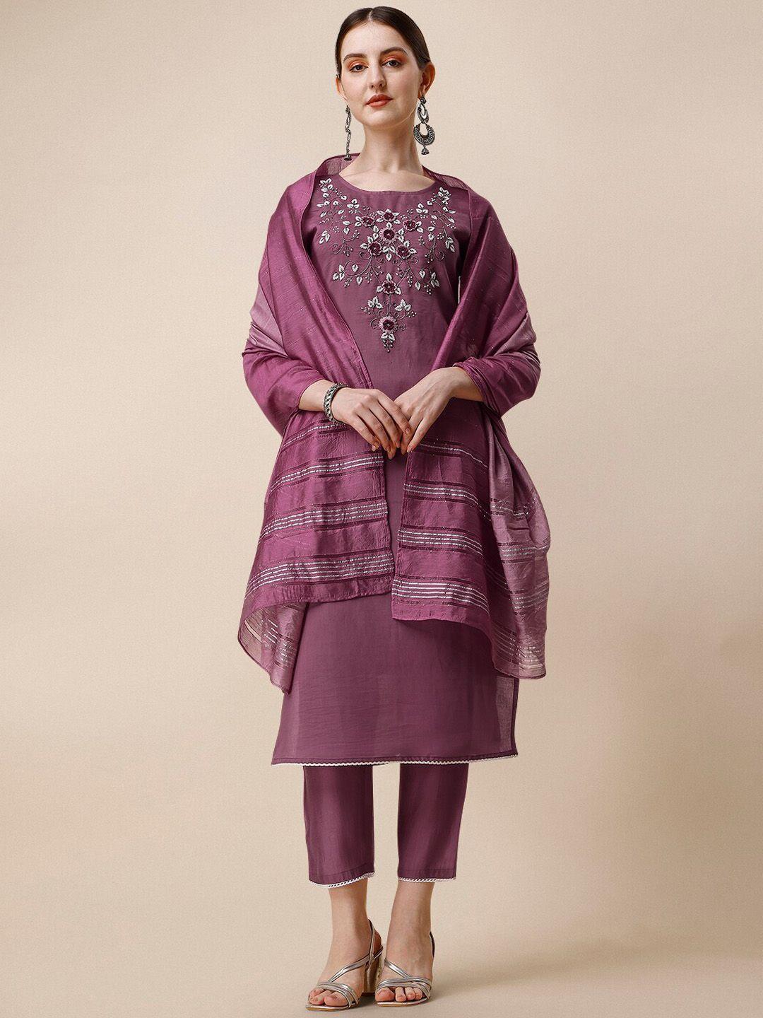 berrylicious yoke design beads and stones chanderi cotton kurta with trousers & dupatta