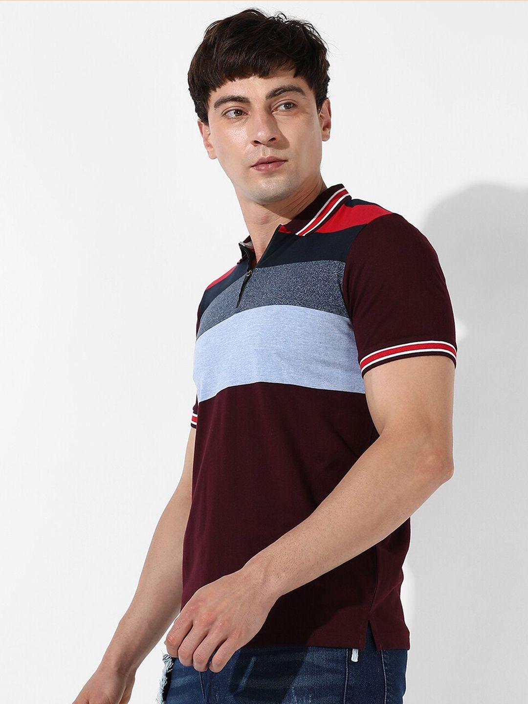 campus sutra maroon & blue colourblocked polo collar cotton t-shirt