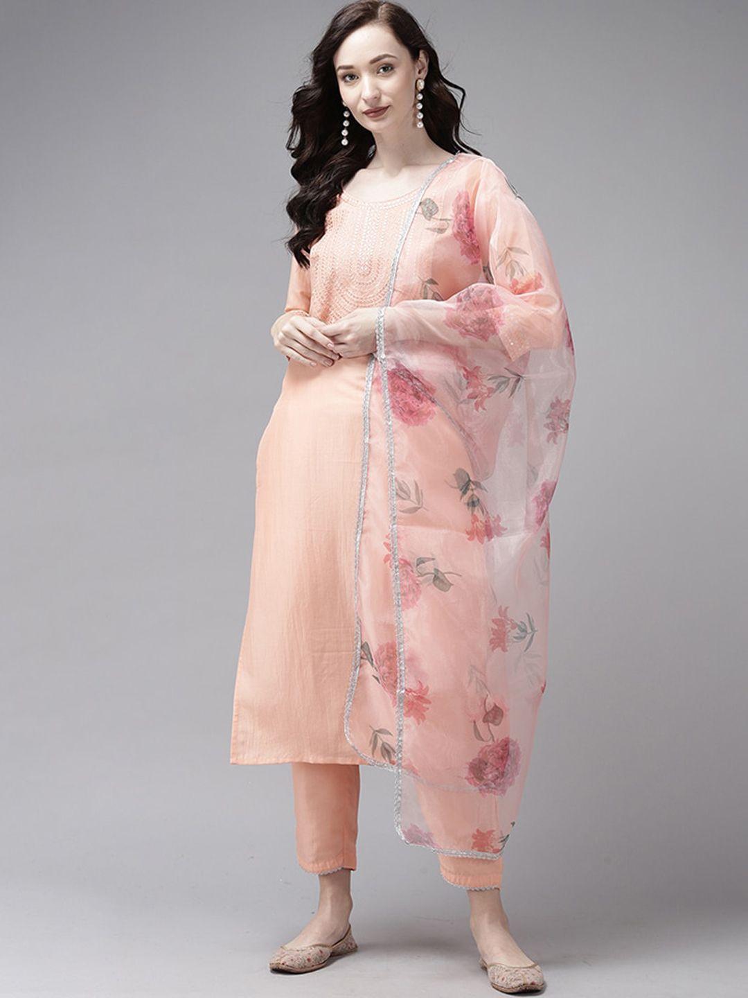 indo era peach-coloured yoke design sequined mirror work kurta with trousers & dupatta