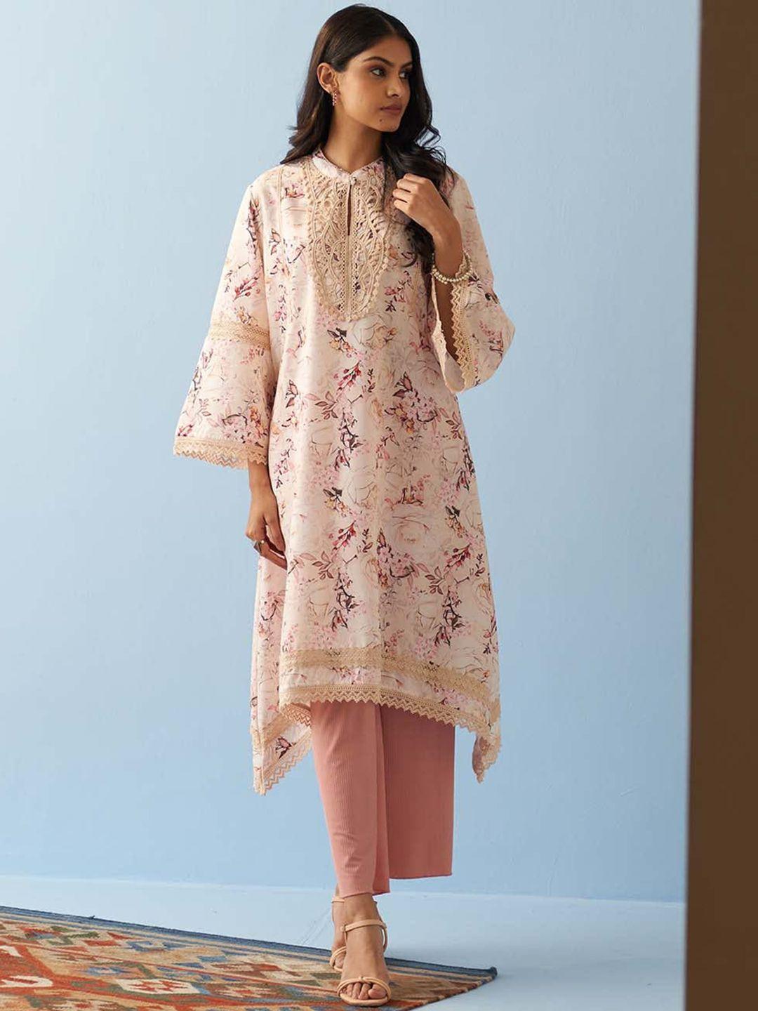 lakshita floral printed band collar flared sleeves pure cotton asymmetric kurta