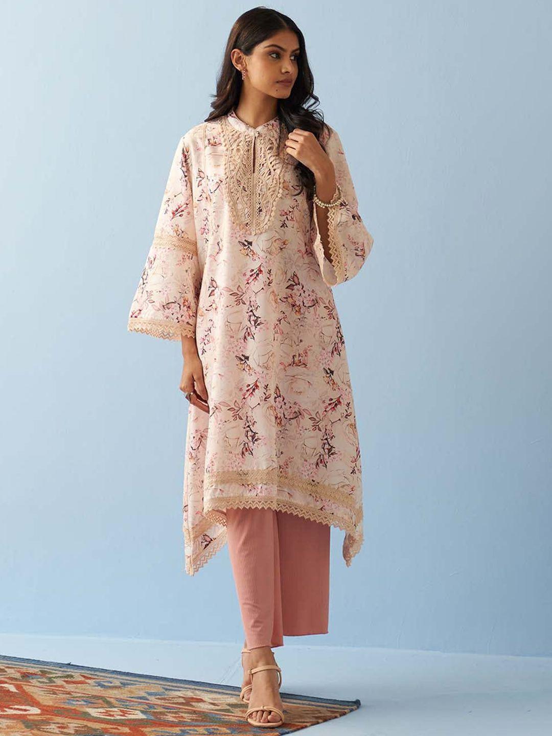 lakshita floral printed band collar flared sleeves pure cotton asymmetric kurta