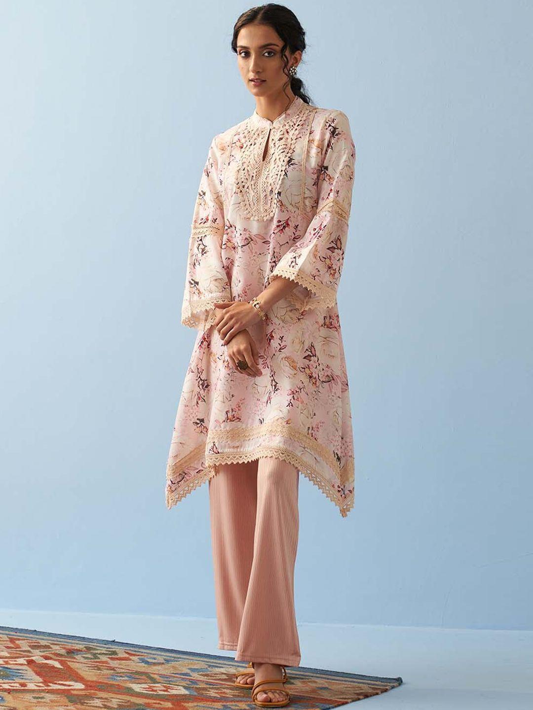 lakshita floral printed band collar flared sleeves pure cotton asymmetric kurta