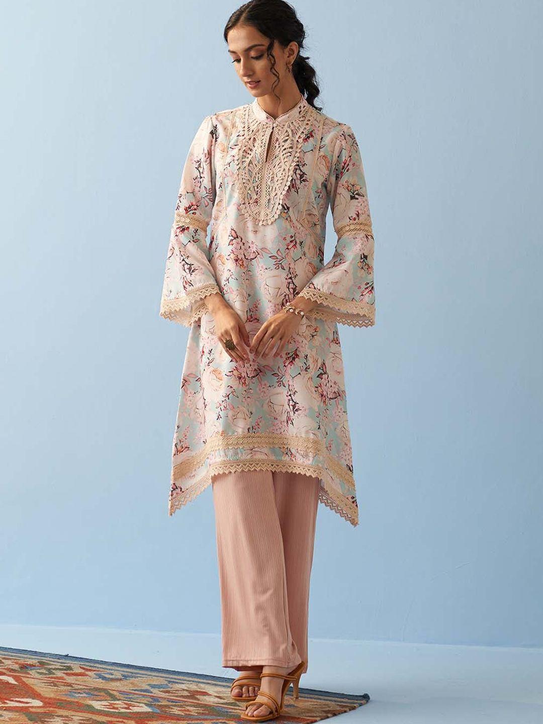 lakshita floral printed band collar flared sleeves pure cotton asymmetric kurta