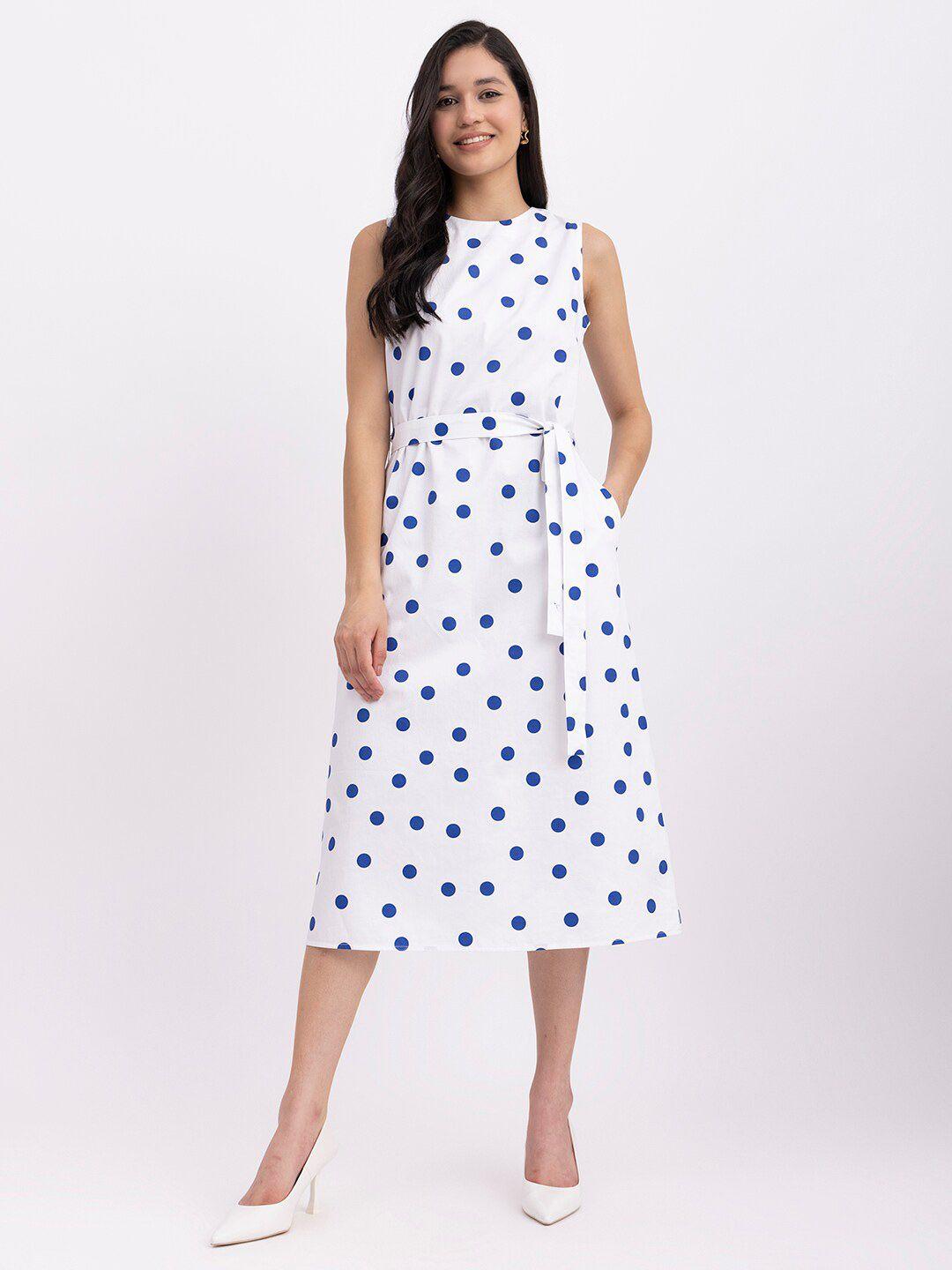 fablestreet polka dot printed a-line midi dress with belt