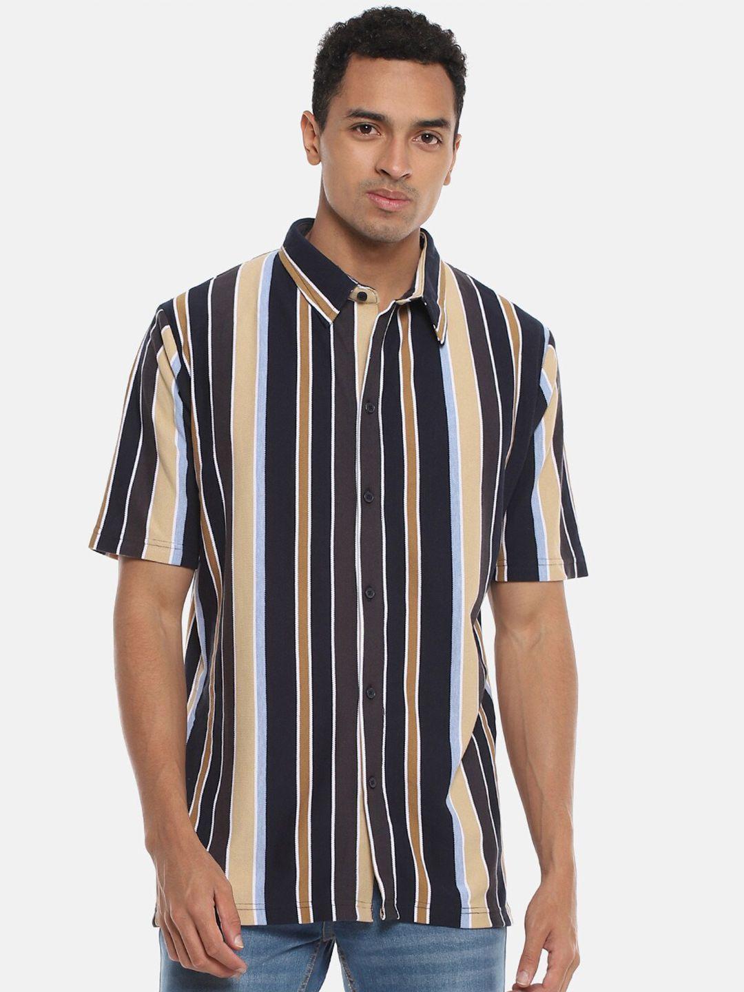 campus sutra black & beige classic regular fit striped cotton casual shirt