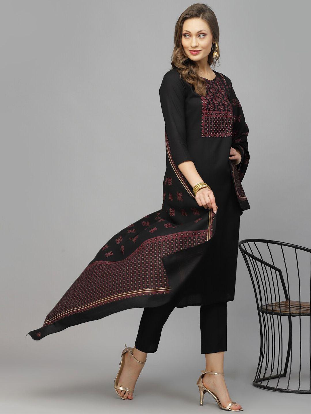 jaipuri bunaai ethnic motifs printed kurta with trousers & dupatta