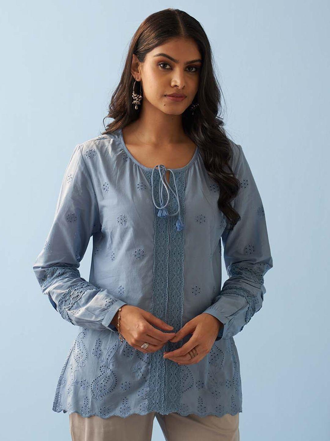 lakshita tie-up neck puff sleeves lace insert schiffli cotton top