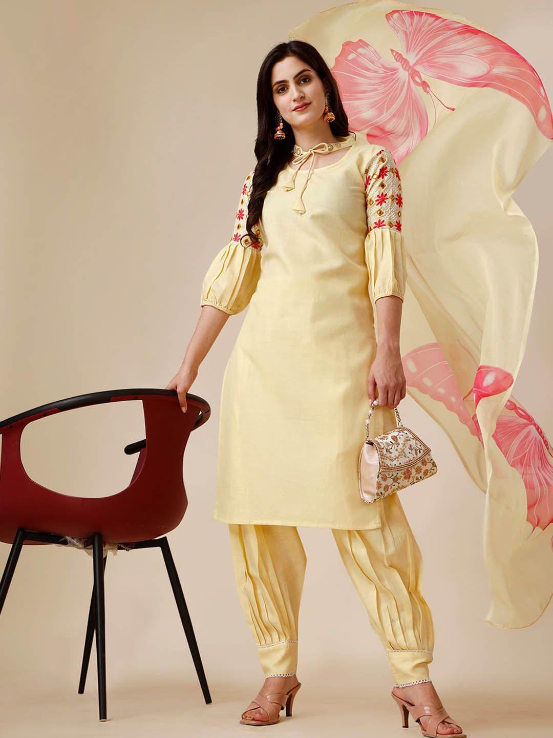 sangria yellow & pink floral embroidered kurta with salwar & dupatta