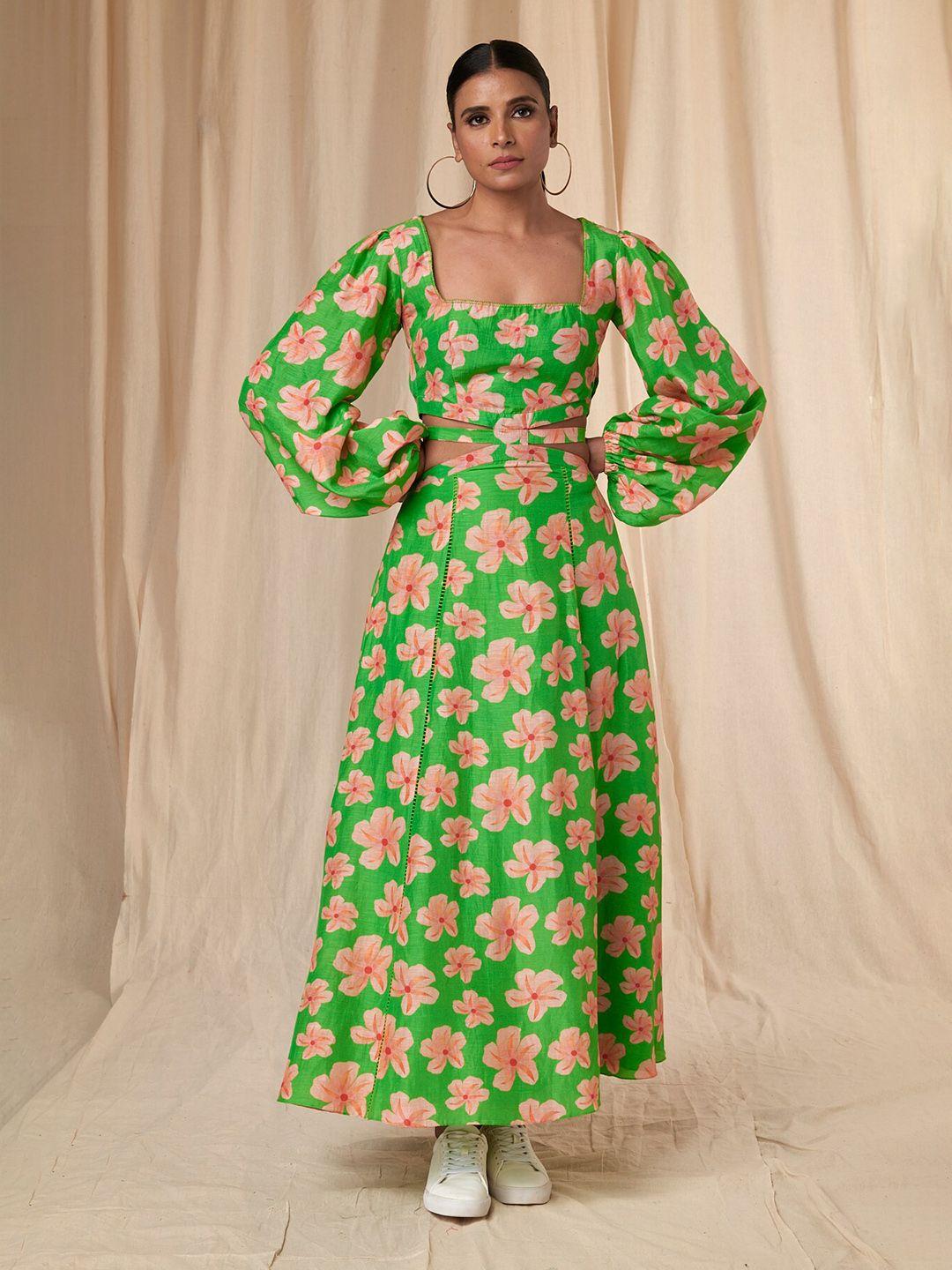 masaba floral printed puff sleeves cut-out linen a-line maxi dress