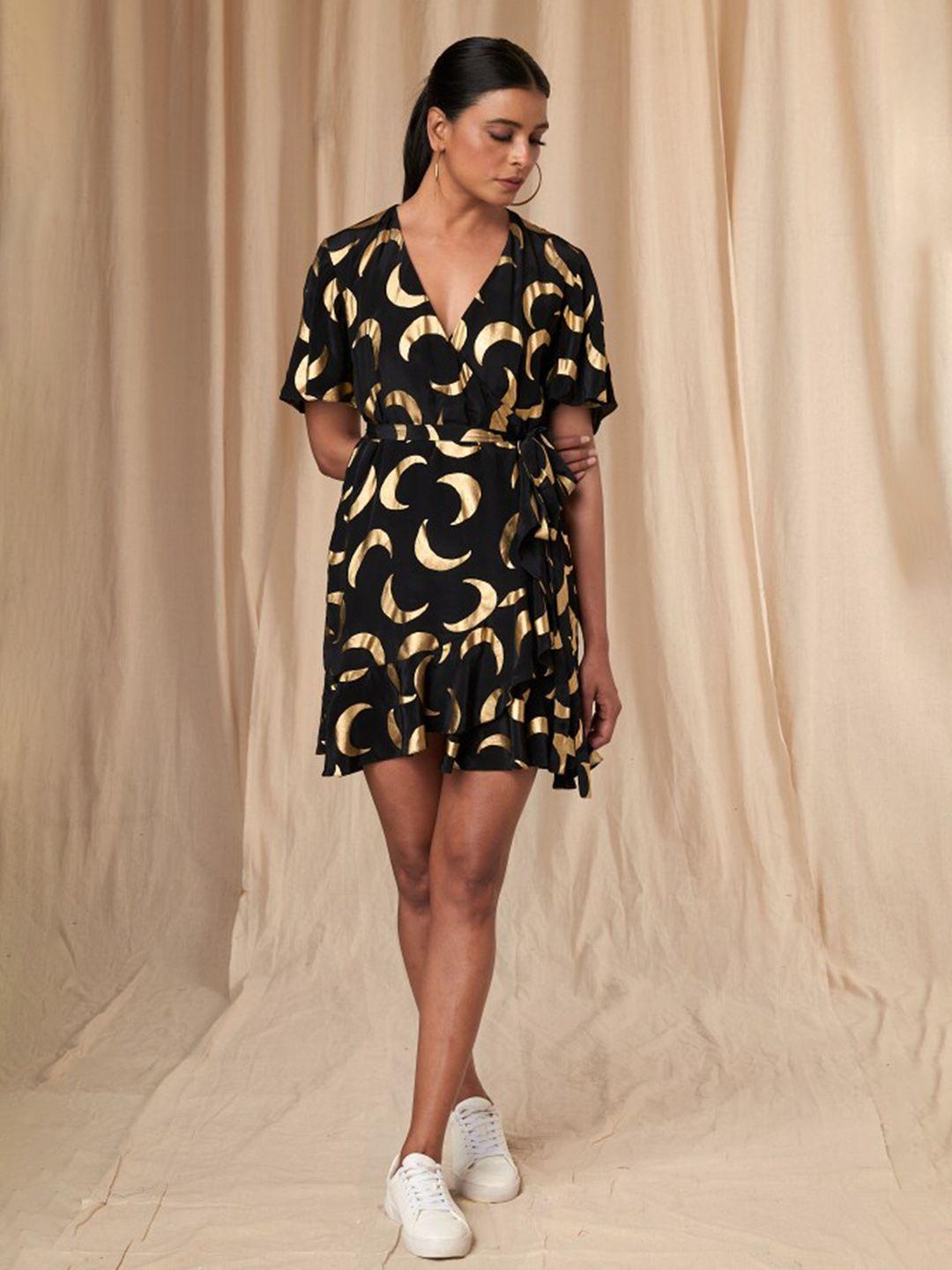 masaba conversational printed flutter sleeves wrap mini dress