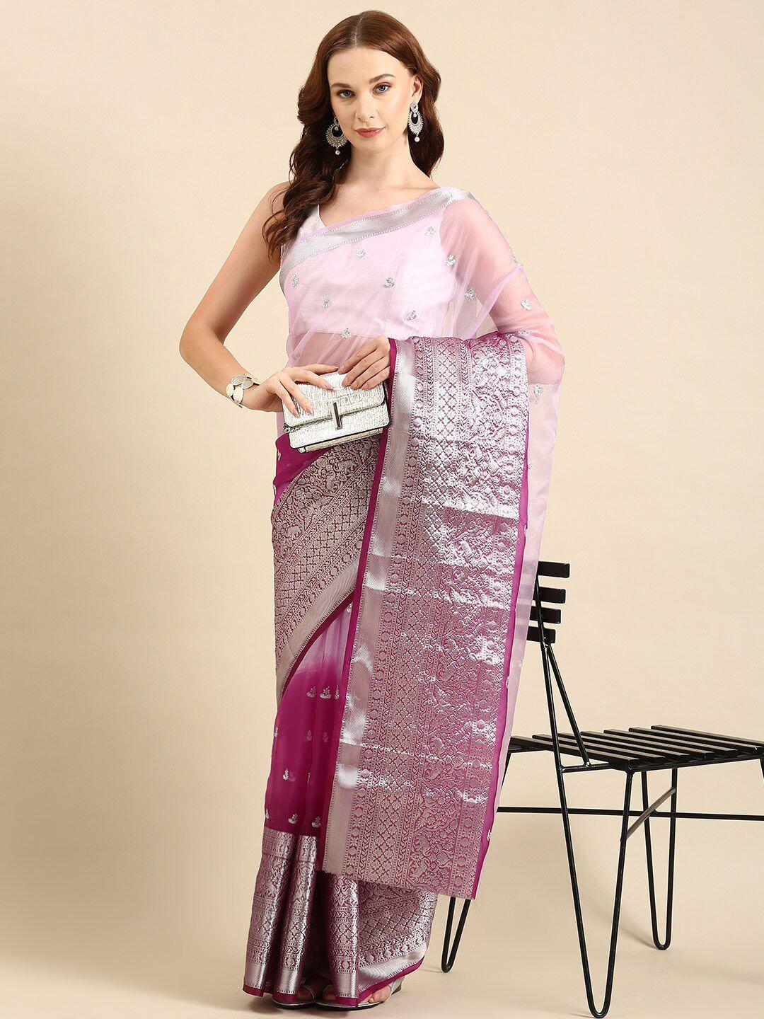 anouk pink & silver-toned floral embroidered organza saree