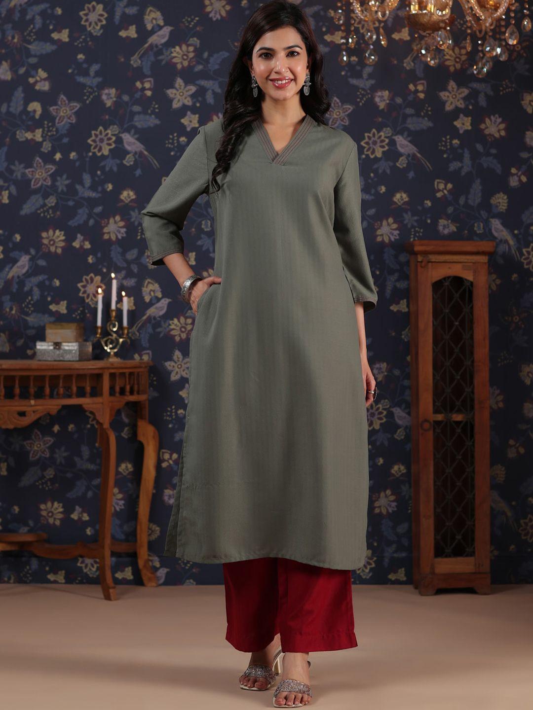 house of pataudi v-neck ethnic motifs woven design a-line kurta with palazzos