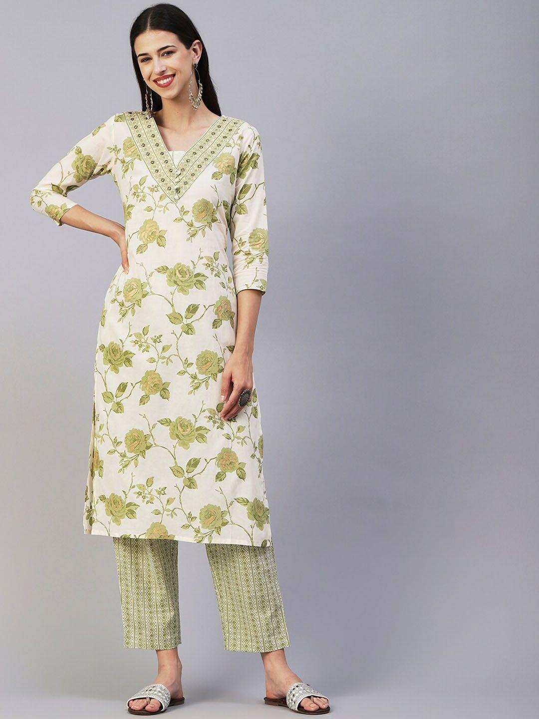 fashor green & white floral printed v neck mirror work pure cotton kurta with trousers