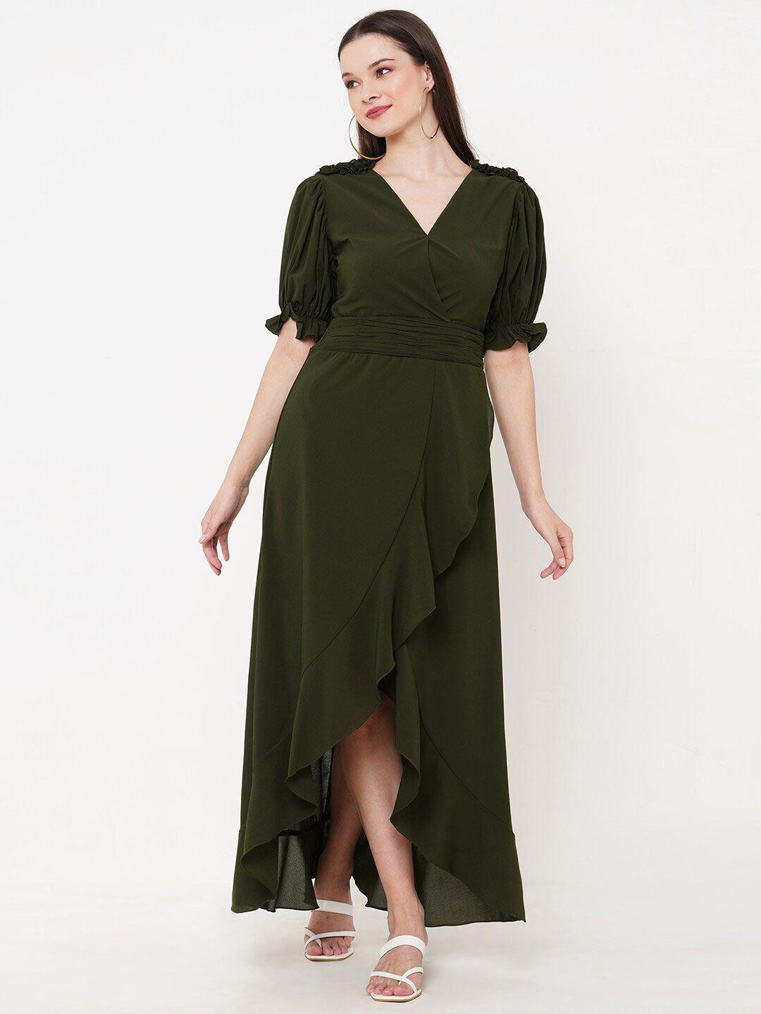 mish green puff sleeves ruffled fit & flare maxi dress