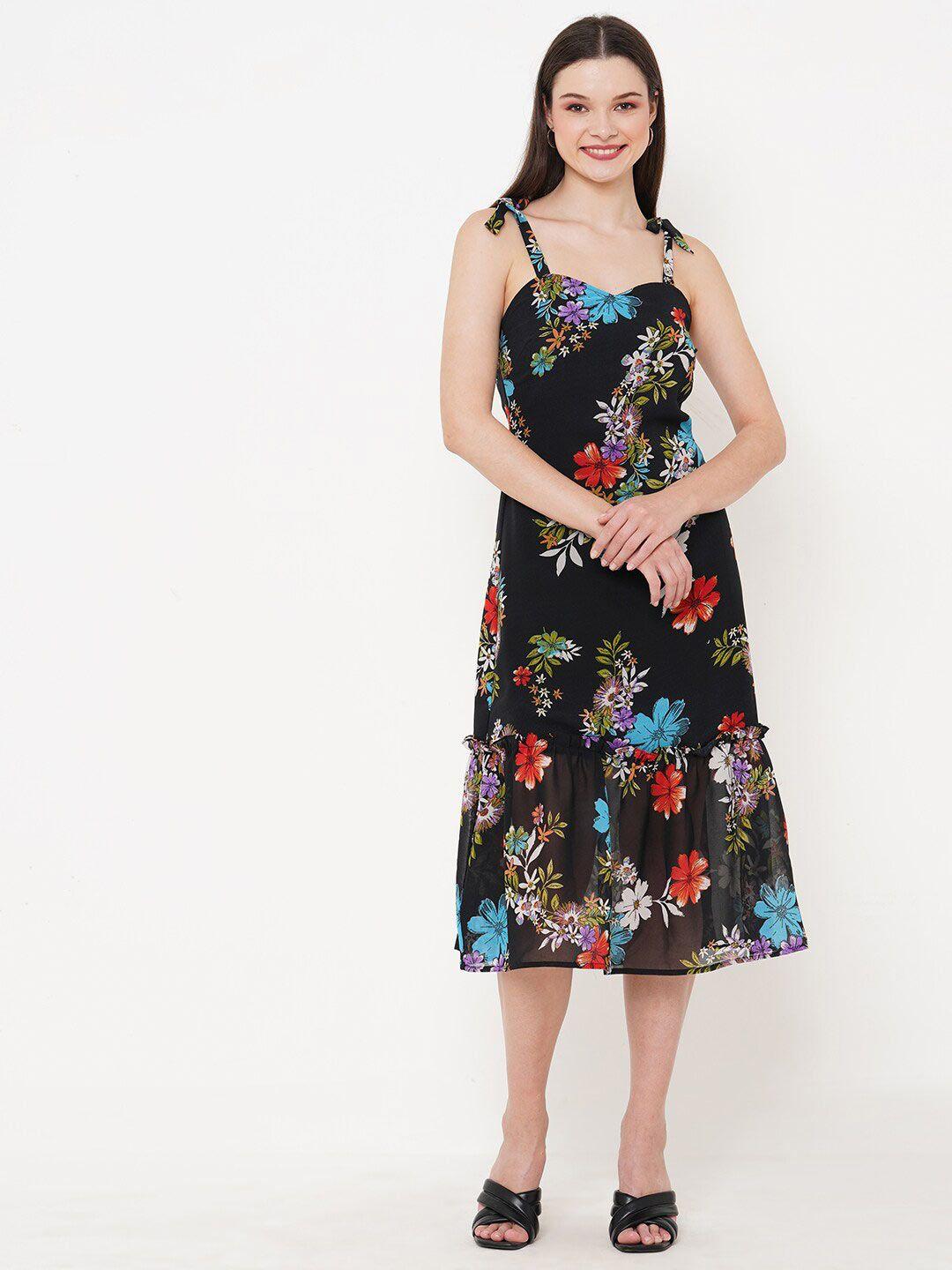 mish black floral printed tie-up shoulder strap fit & flare midi dress