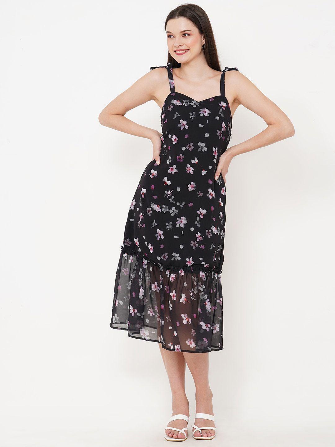 mish black floral printed tie-up shoulder strap a-line midi dress