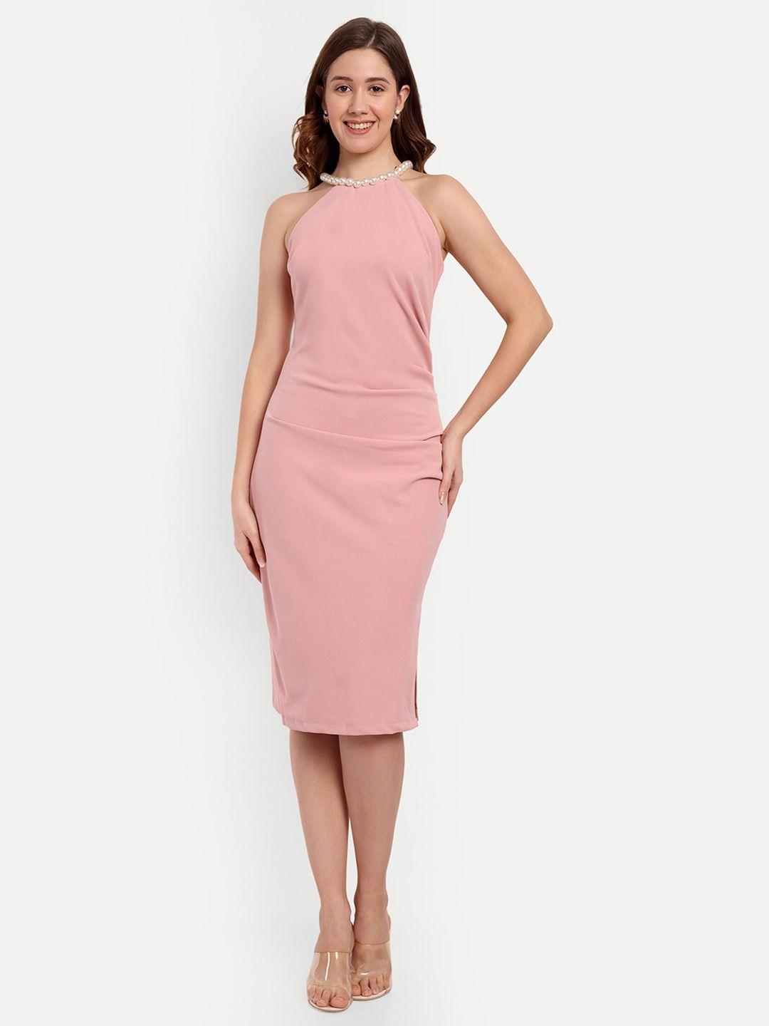 iki chic pink embellished choker neck scuba sheath dress