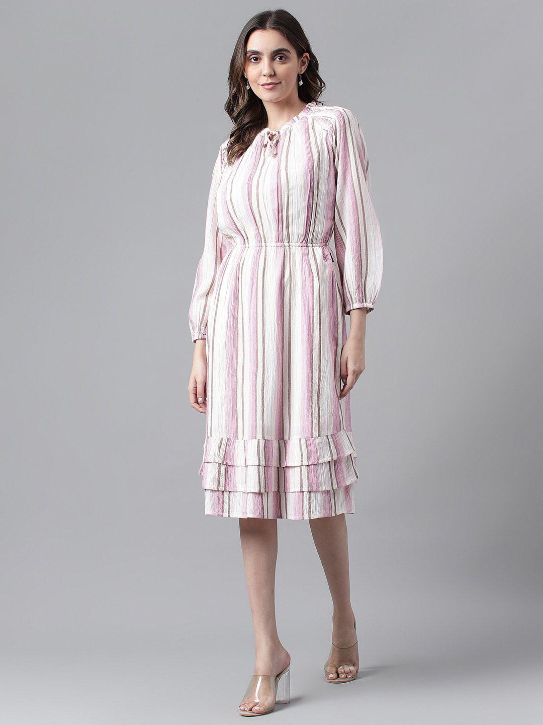 beverly hills polo club striped tie-up neck puff sleeve pure cotton a-line dress