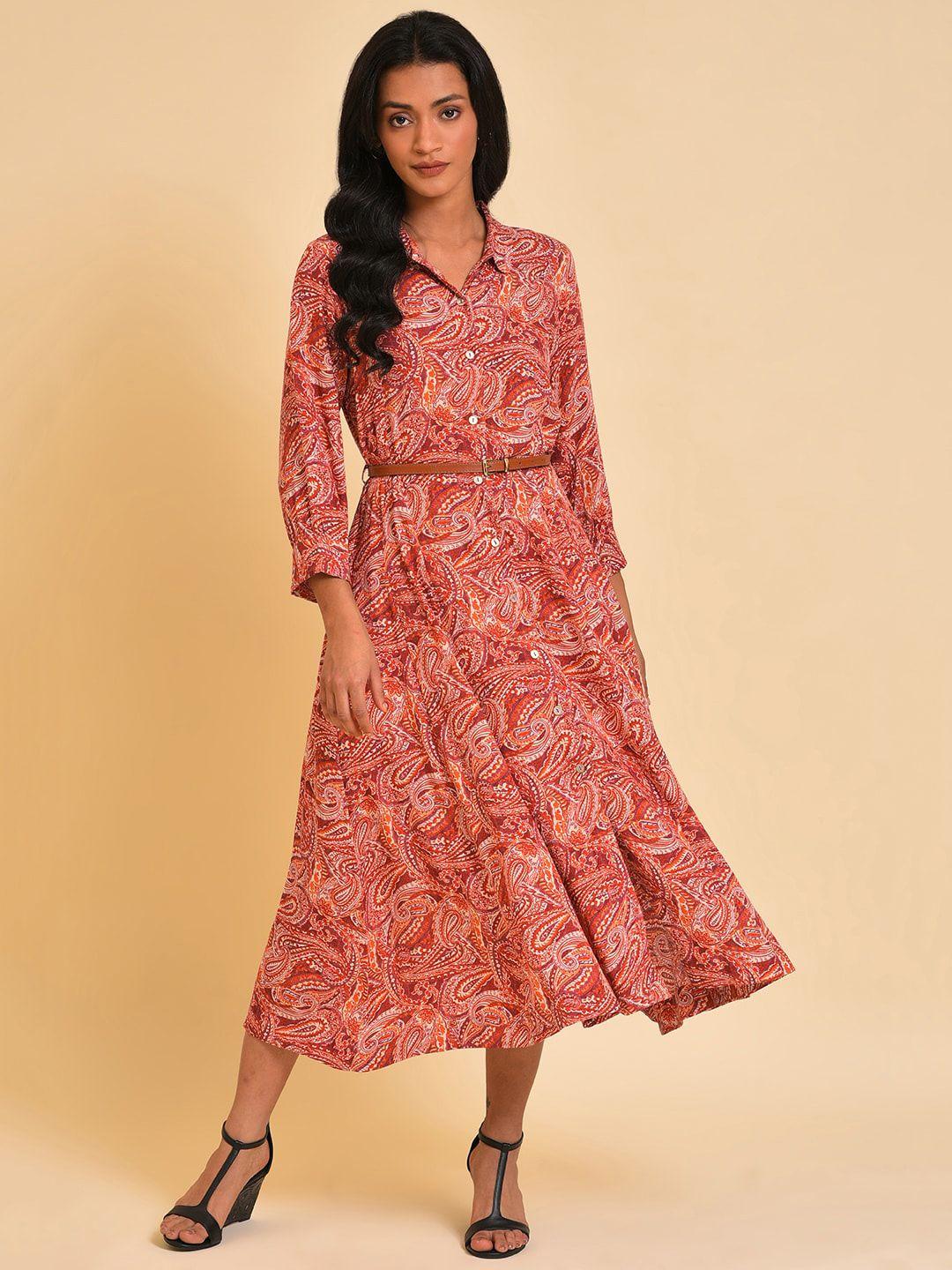 w red ethnic motif printed printed shirt midi dress with belt