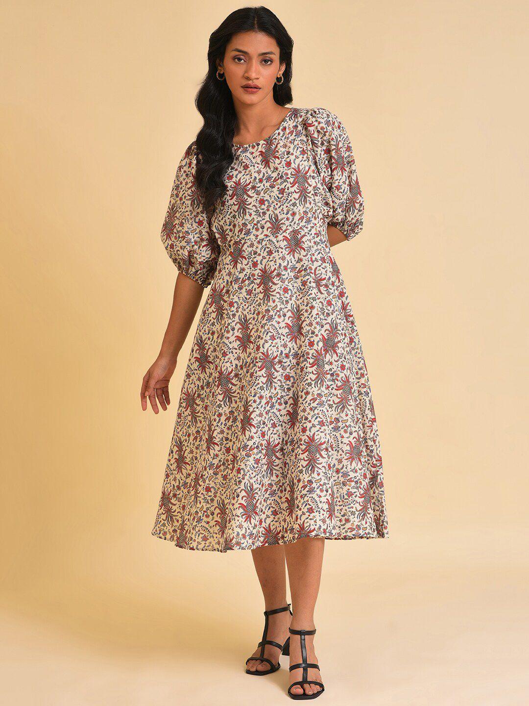 w white ethnic motifs printed puff sleeve pure cotton a-line midi dress