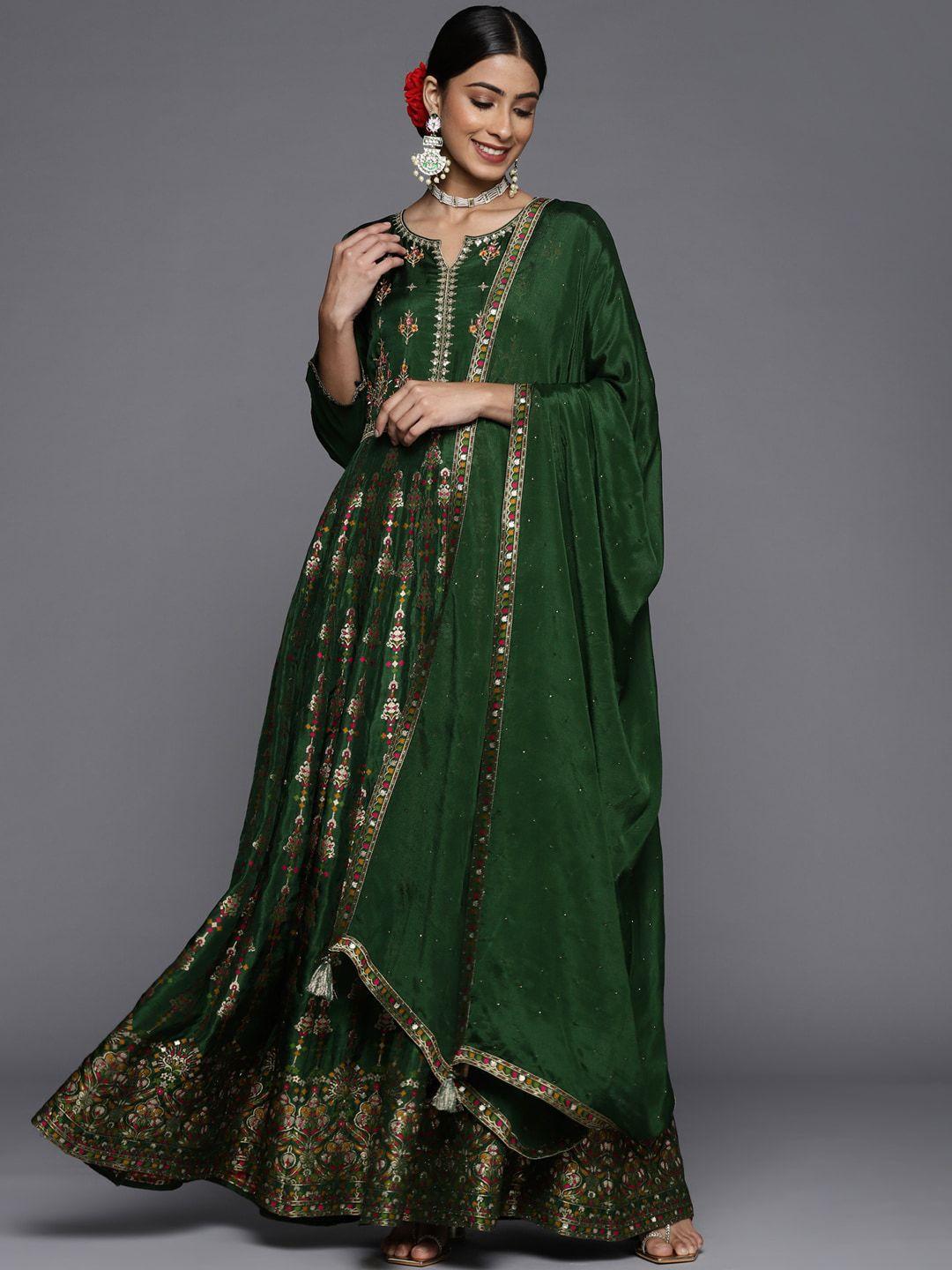 libas green ethnic motifs embroidered sequined anarkali kurta with churidar & dupatta