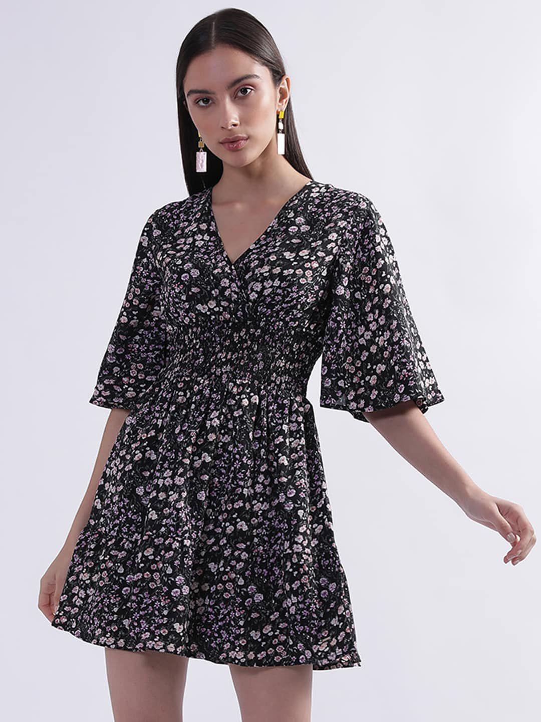 elle floral print flared sleeve fit & flare dress