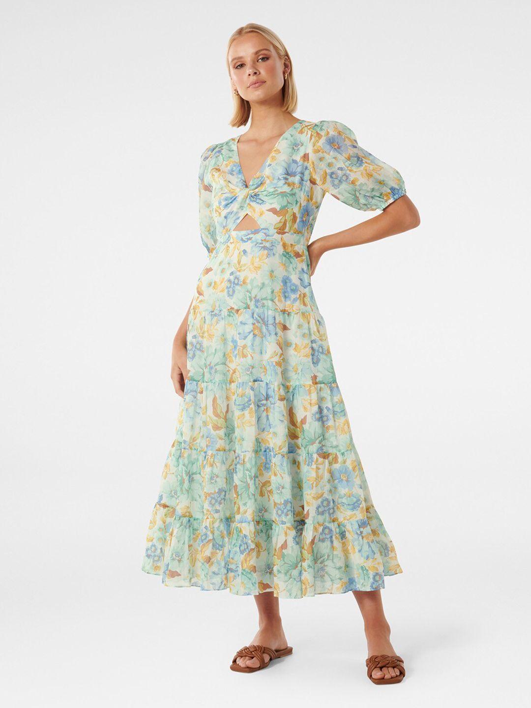 forever new floral printed cut-out tiered fit & flare midi dress