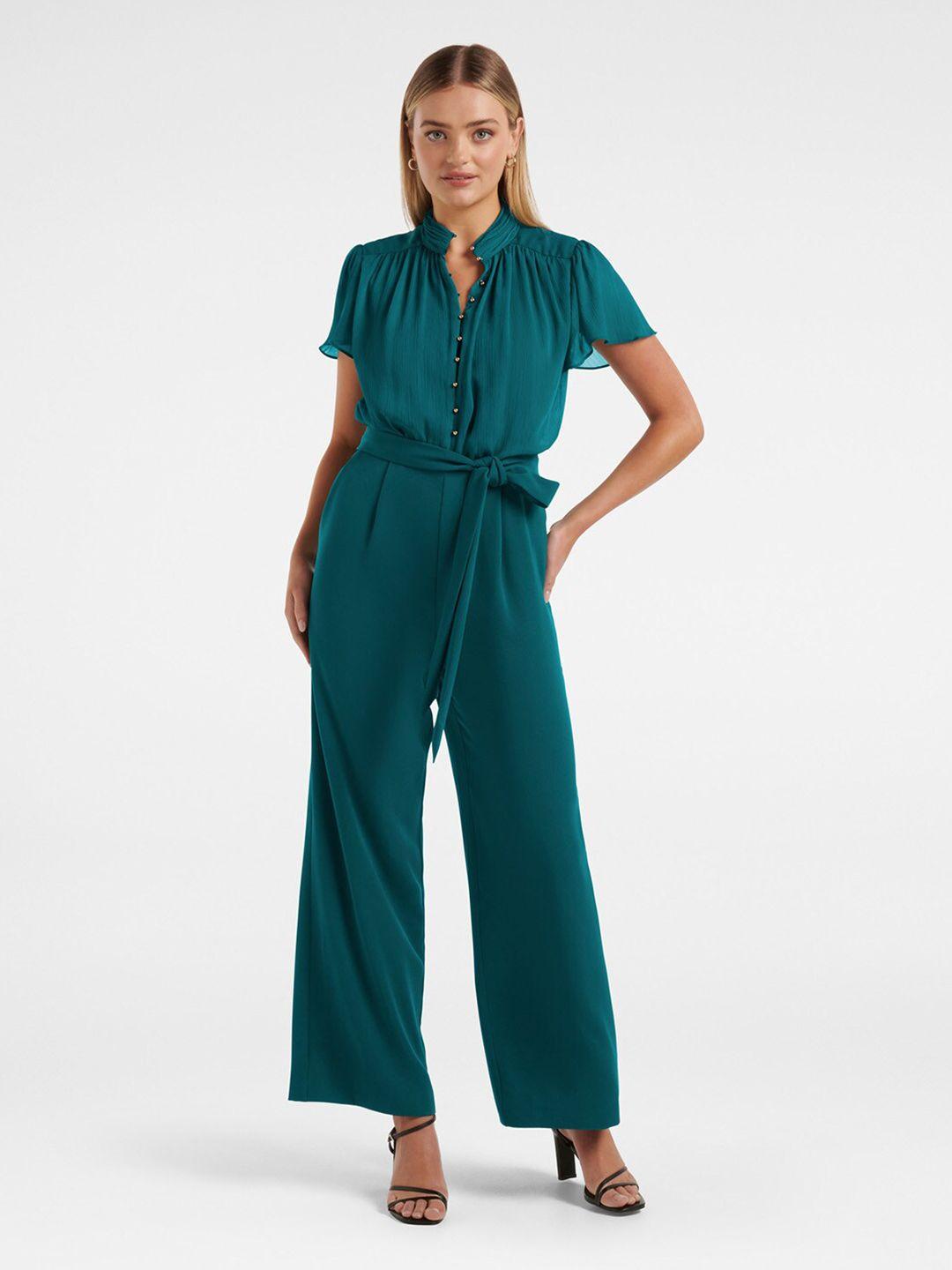 forever new flutter sleeves high neck waist tie-up basic jumpsuit