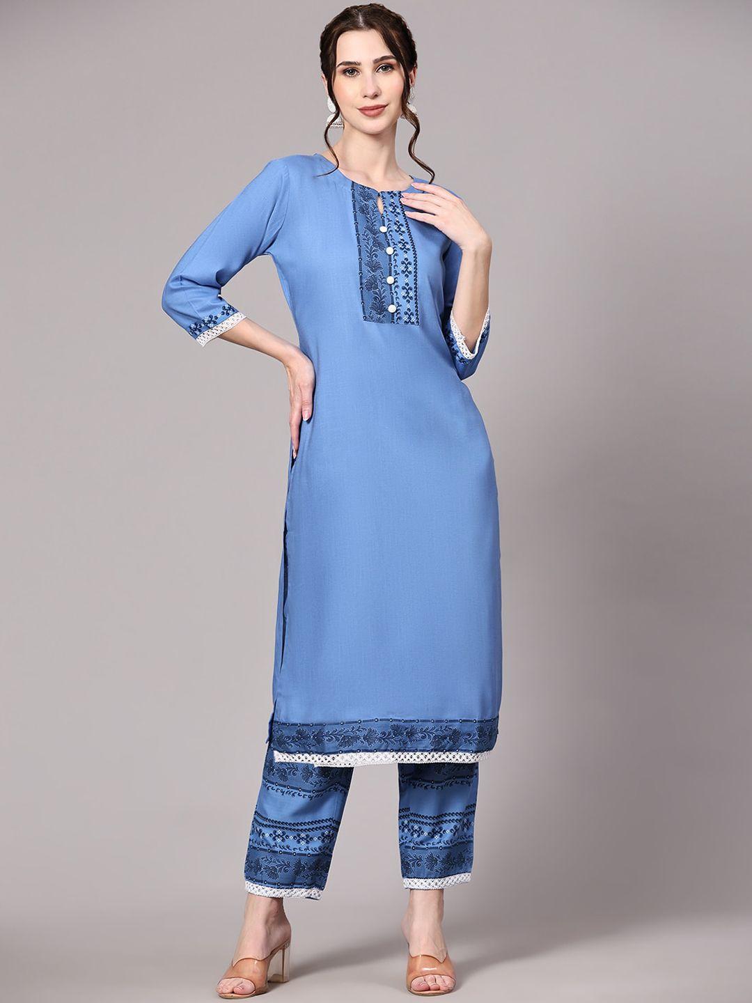 v tradition floral printed keyhole neck kurta with trousers