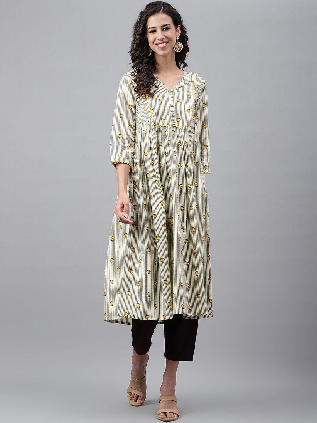 janasya yellow floral printed pure cotton anarkali kurta