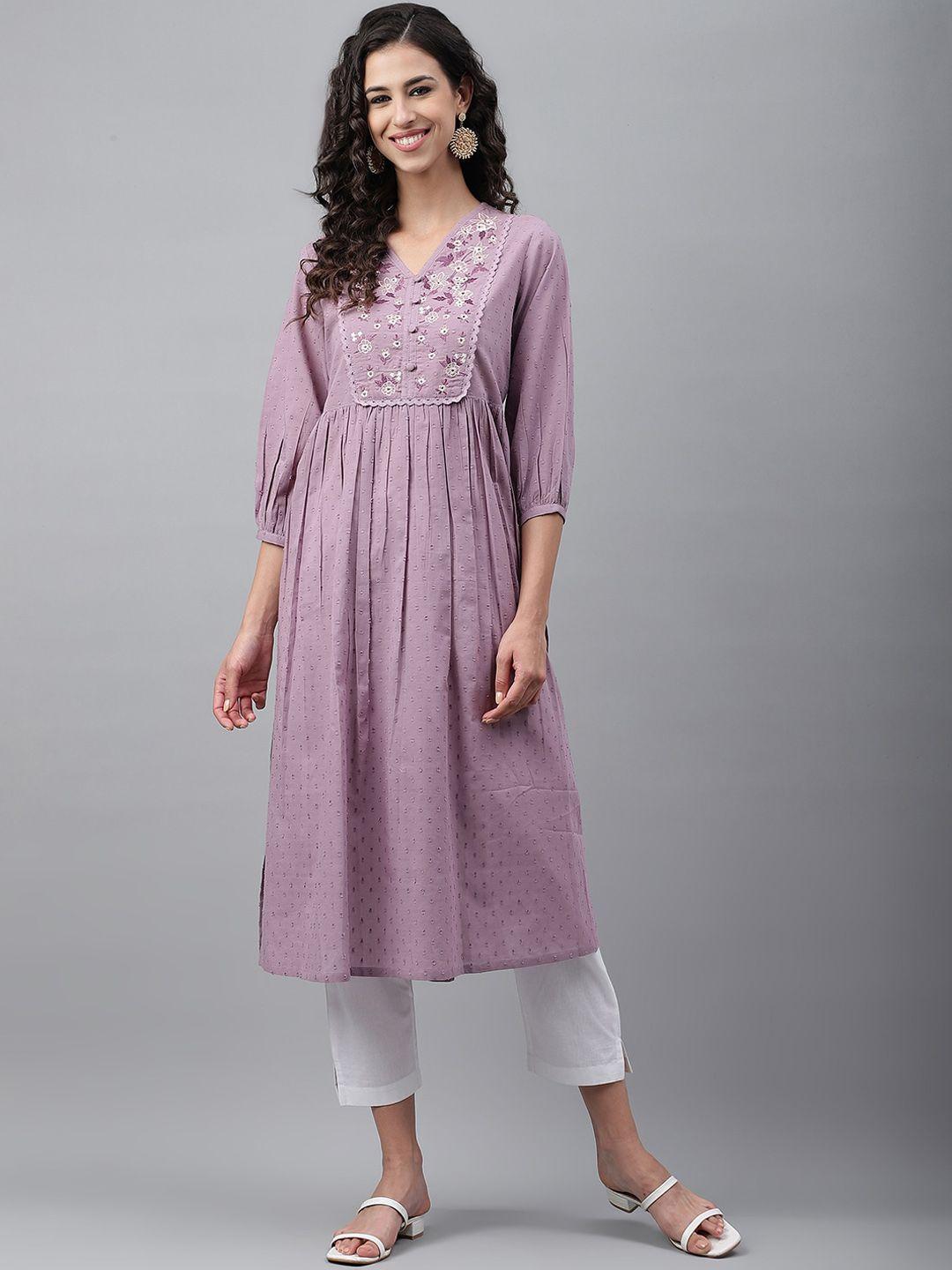 janasya lavender & white floral embroidered a-line cotton kurta